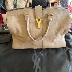 Yves Saint Laurent Tan and Gold Tote Bag with Structured Design